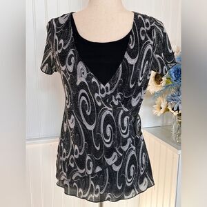 BOGO Notations Short Sleeve Black & Grey Faux Wrap Shirt Top Size Small